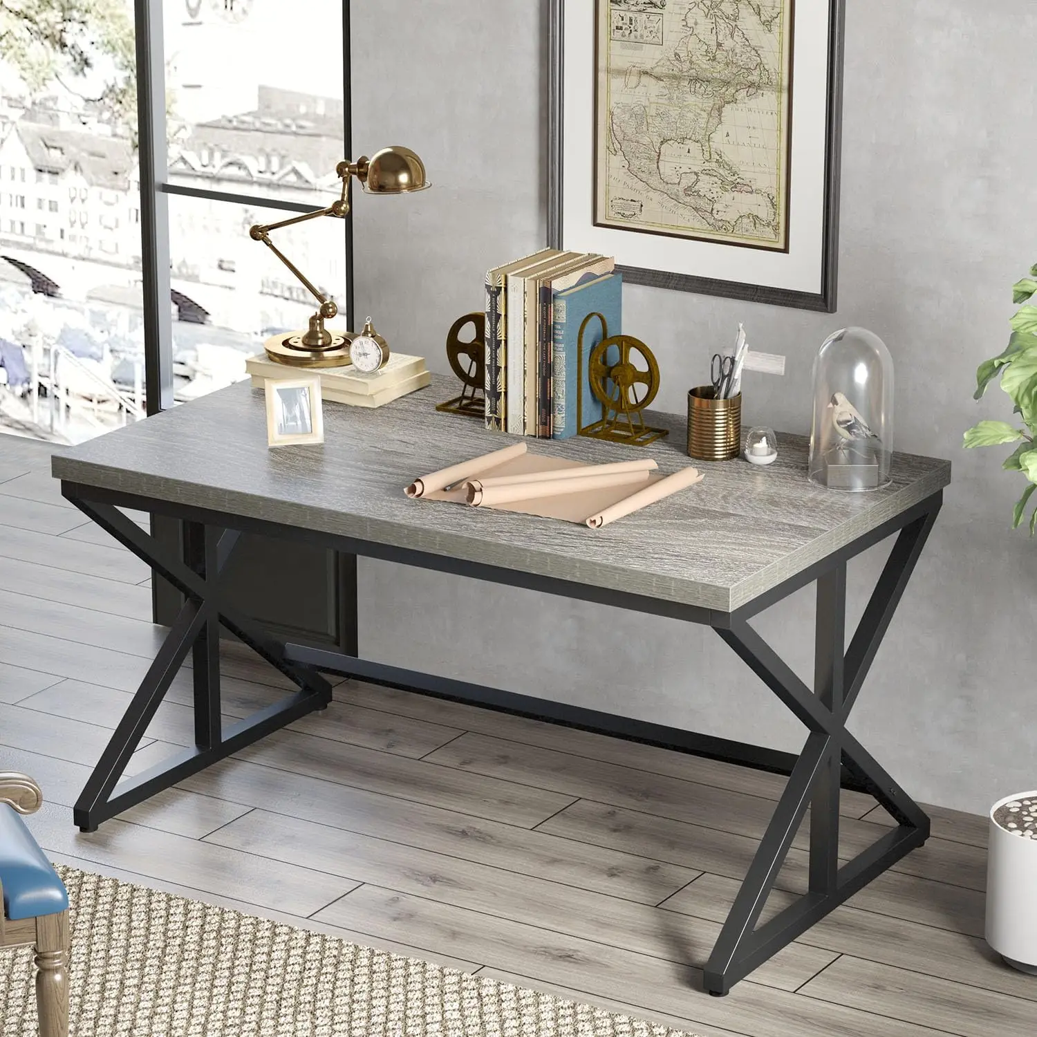 

Industrial Computer Desk, 47' Grey Oak Farmhouse Gaming & Work Desk, Rustic Wood Metal Laptop Table for Home Office, Bedroom