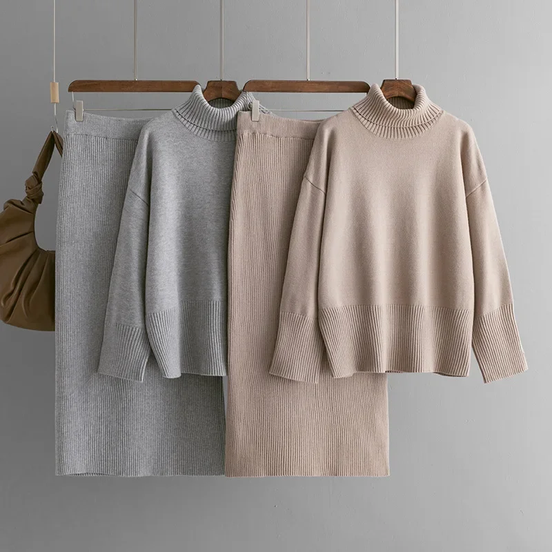 Winter New Solid Color Turtleneck Sweater Turtleneck Hip Skirts Female Two-piece Sets Autumn Knitted Women Skirts Sets Elegant