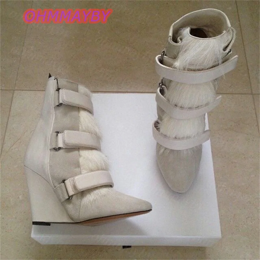 Women Pointed Toe Wedge Ankle Boots Mixed Suede Leather Three Wide Buckle Straps Gothic Street High Heel Zip‑up Short Boots 47