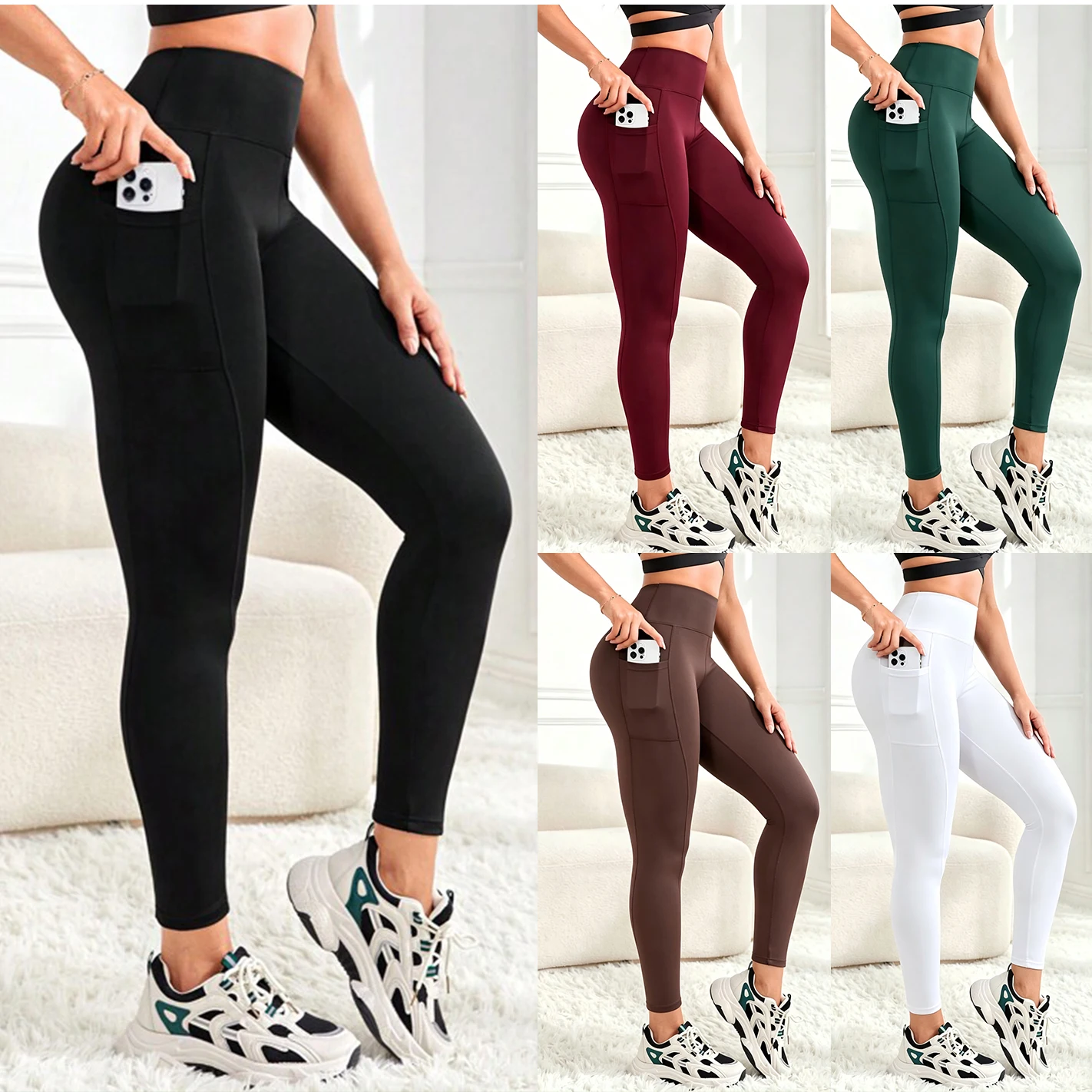 

High Waist Women's Leggings Stretch Yoga Pants Tights With Pockets Push Up Fitness Running Sportswear Solid Color Pants