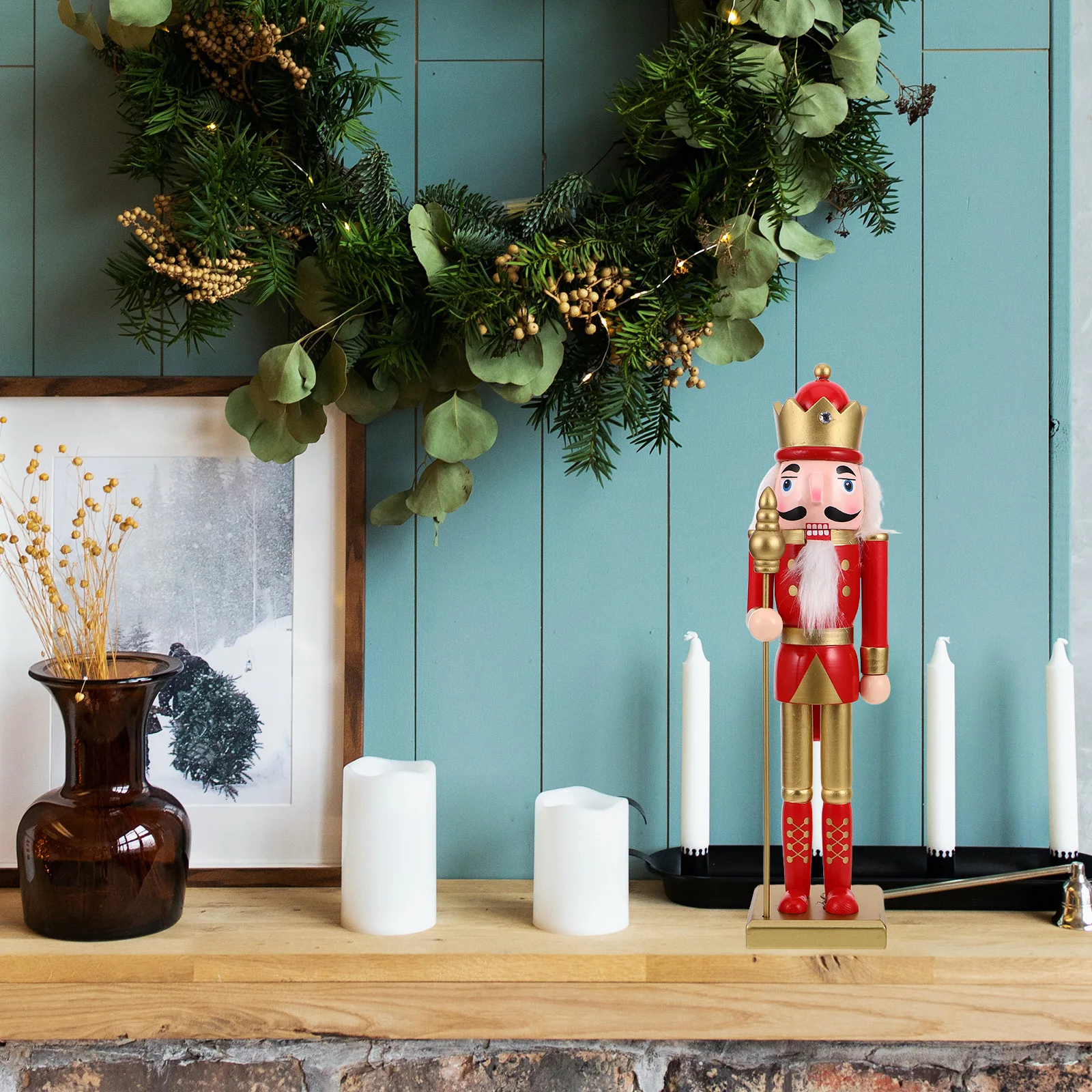 

38Cm Tall Wooden Nutcracker Soldier Classic Christmas Decor For Tabletop Mantel Display Holiday Statue Centerpiece