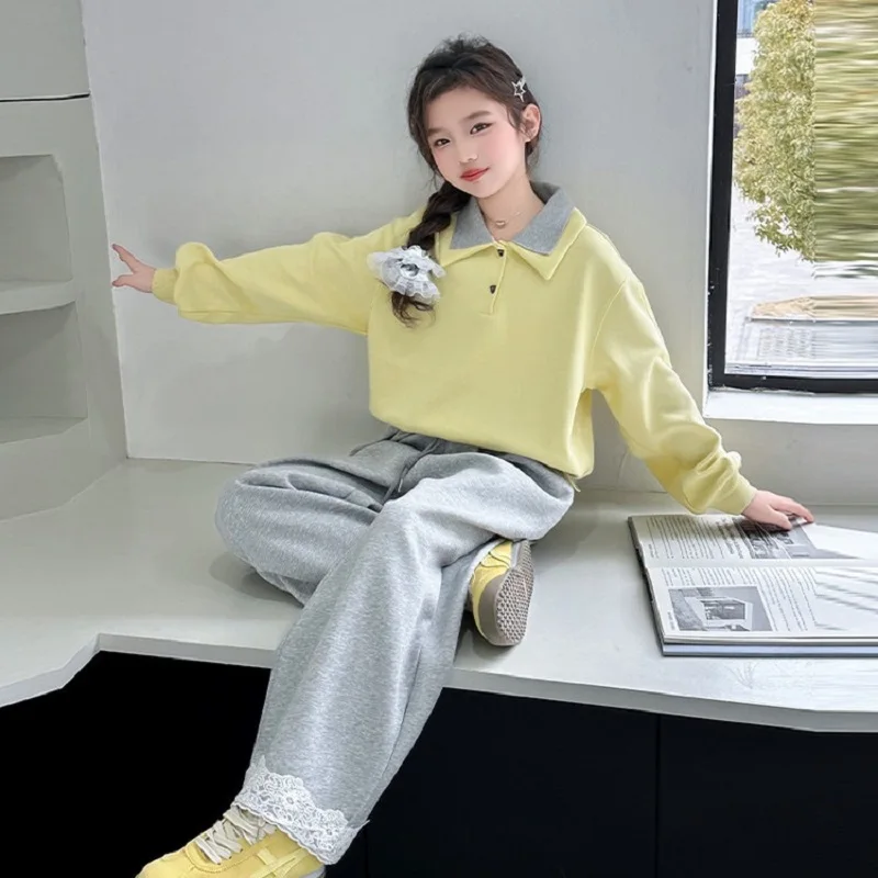 2026 SpringAutumn Girls Stylish Cotton Crop Sweatshirt+Lace Patchwork Sweatpant Set School Kids 2PCS Tracksuit Children Outfit