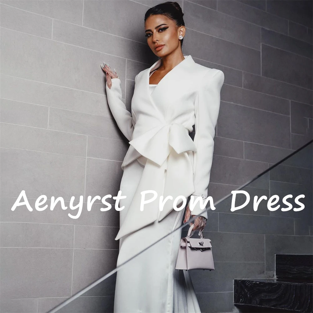 Aenryst Elegant V Neck Long Sleeves Evening Dresses Two-Piece Mermaid Satin Prom Dress For Women Floor Length Formal Party Gowns