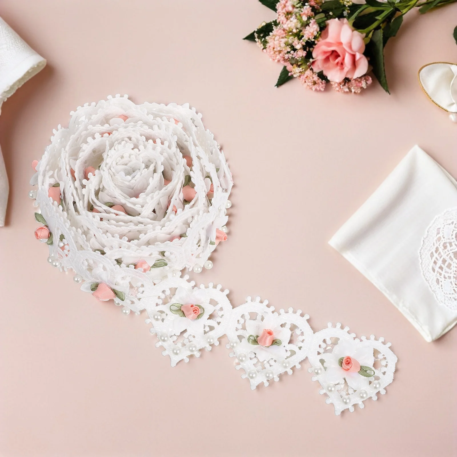 Шелковая лента с кружевом, имитация жемчуга для свадебных аксессуаров