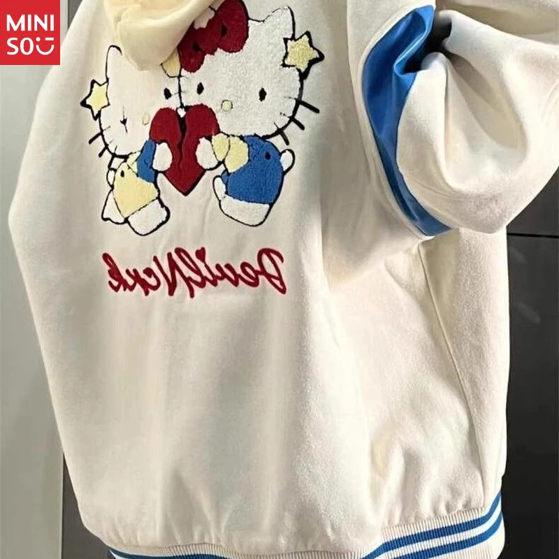 

Miniso Vintage Kitty Baseball Jacket, College Embroidery Coat, Loose Student Top