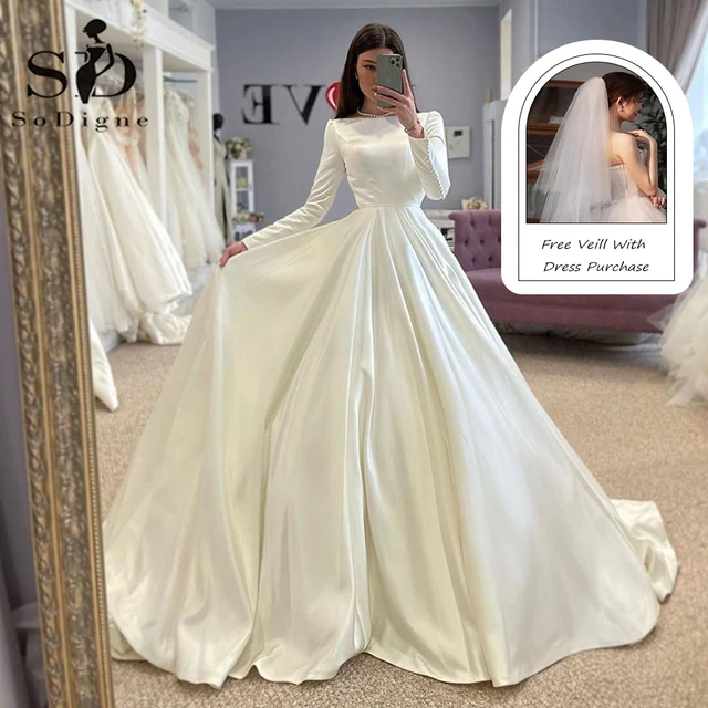 SoDigne-vestido de novia conservador, vestidos de novia de satén, vestido de novia musulmán de manga larga, vestido de novia largo modesto personalizado
