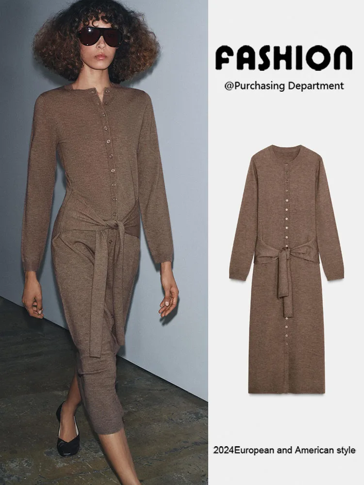 

Winter New Arrival Women's Long Sve round Ne Knitted Midi Dr with Belt Slim Fit European Sle Faion Dr
