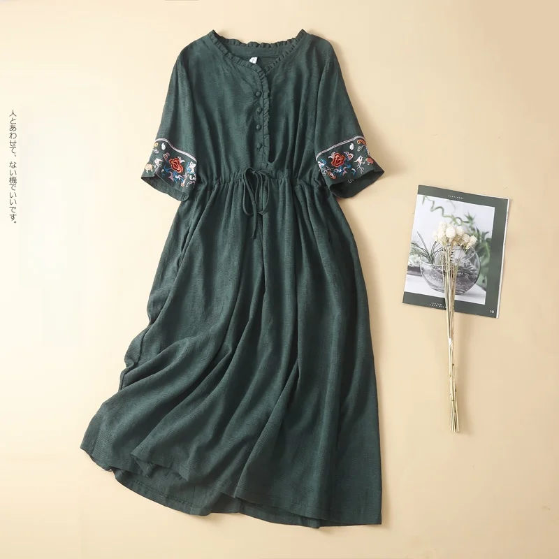 Retro japonês algodão linho Dr feminino solto Ele bordado anti-envelhecimento longo verão Dr cor pura commute Sle V-Ne...