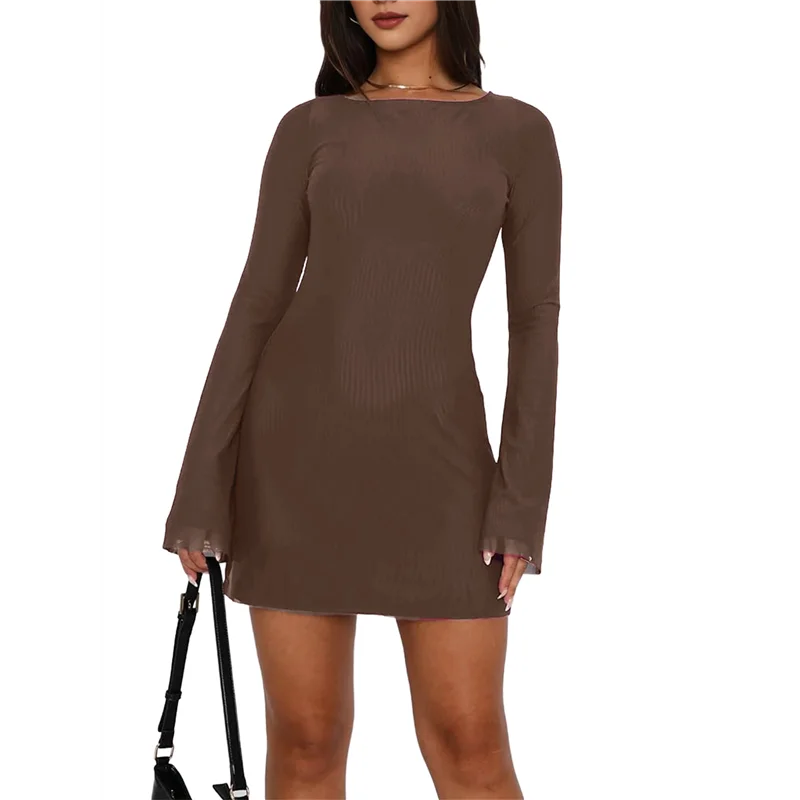 A83F-Mini vestido feminino de manga comprida com decote em barco malha manga sino com amarração nas costas transparente sem costas bodycon Y2k curto