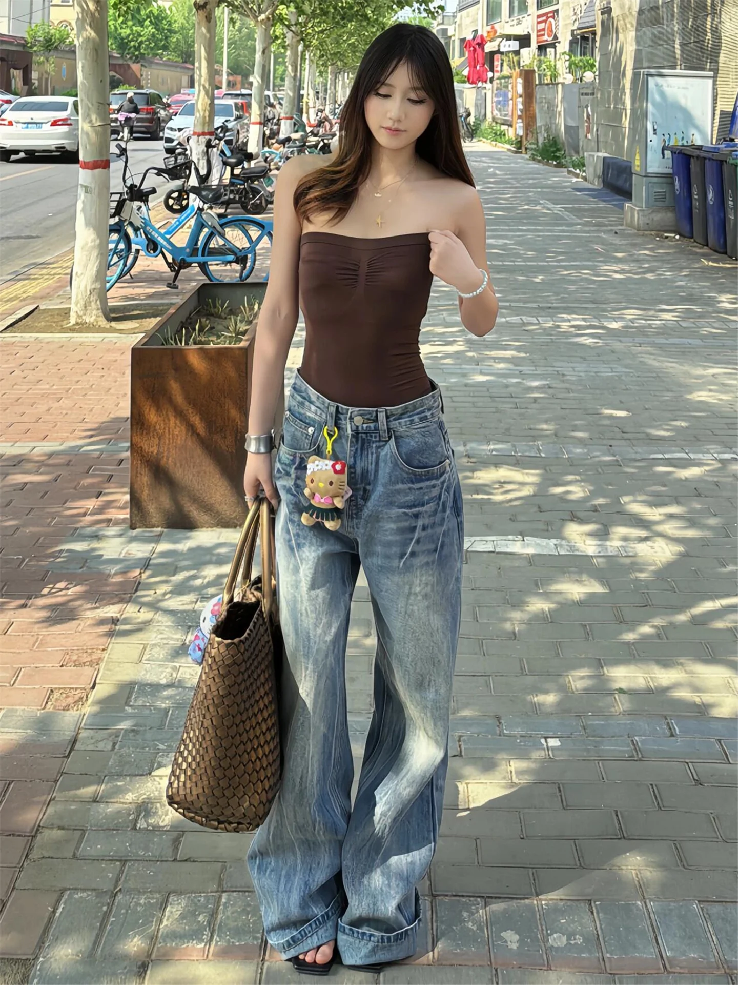 

Low Waist Wide Leg Bell Bottom Jeans Women's Spring Autumn Loose Slimming American Street Style Jeans with Lightning Pattern