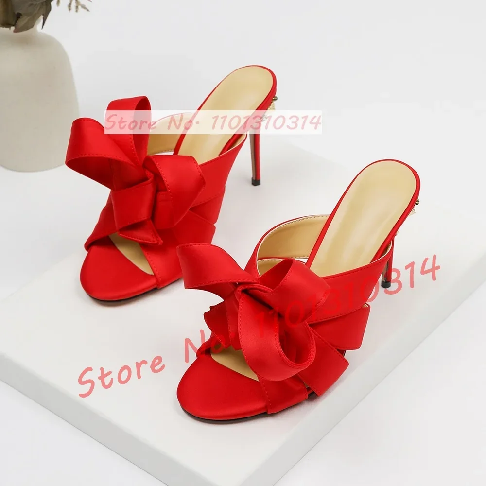 Red Ribbon Knotted Mules High Heels Women Chic Open Toe Gold Rivet Embellished Satin Slippers Female Outdoor Foldover Shoes
