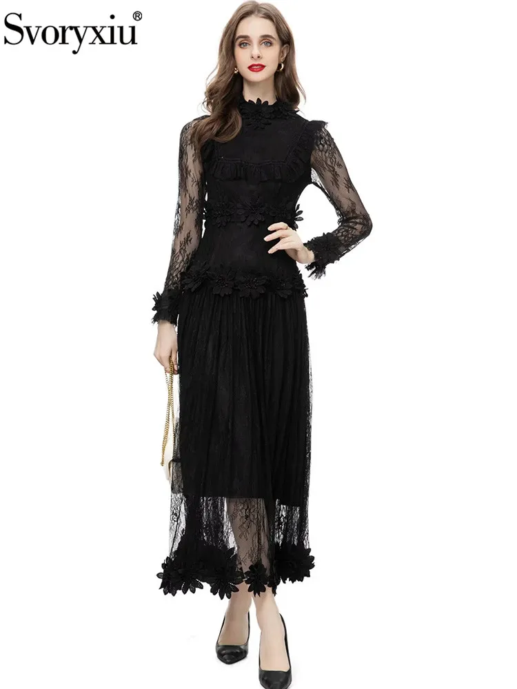 

Svoryxiu Fashion Designer Autumn Party Black Elegant Long Dress Women's Appliques O-Neck High Waist Net Yarn Lace A-Line Dresss