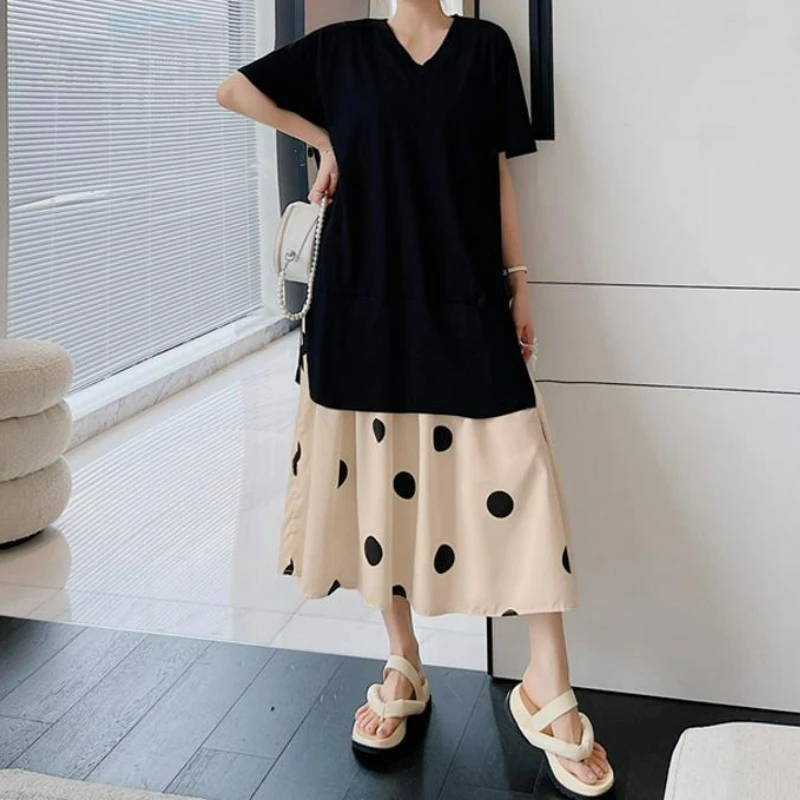 

2025 новое женское длинное платье, летнее платье больших размеров, модное черное свободное повседневное платье большого размера