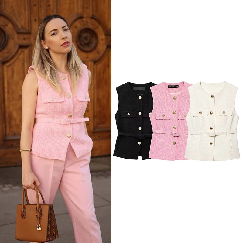 RAFZNB-Chaleco con cinturón para mujer, chaleco ajustado sin mangas con cuello redondo, ropa de abrigo informal para mujer, Top elegante
