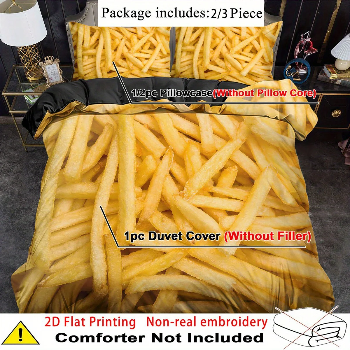 Customize Bedding Set French Fries Pattern Print Duvet Cover Set King Queen Style Quilt Cover Bedroom Decor Guest Room 2/3pcs 2D
