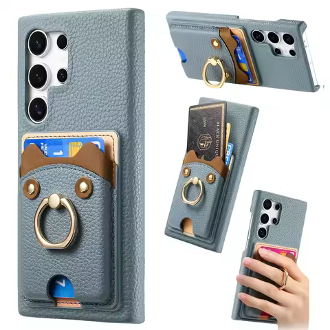 Cards Solt Ring Holder Wallet Leather Case For Samsung Galaxy S24 Ultra S23 Plus S22 A15 A55 A05S A14 A24 Bag Cute Stand Cover