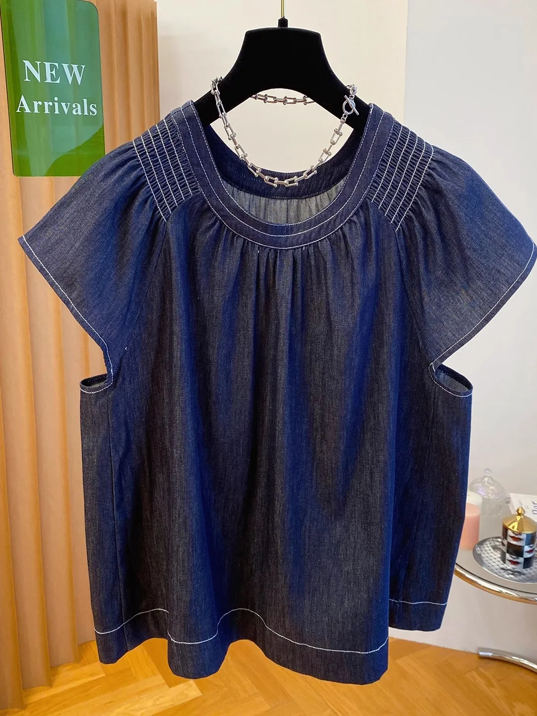 

Лето 2023, женские джинсовые свободные повседневные корейские сле, модный топ Fly Sve, тонкий материал, круглый, без све