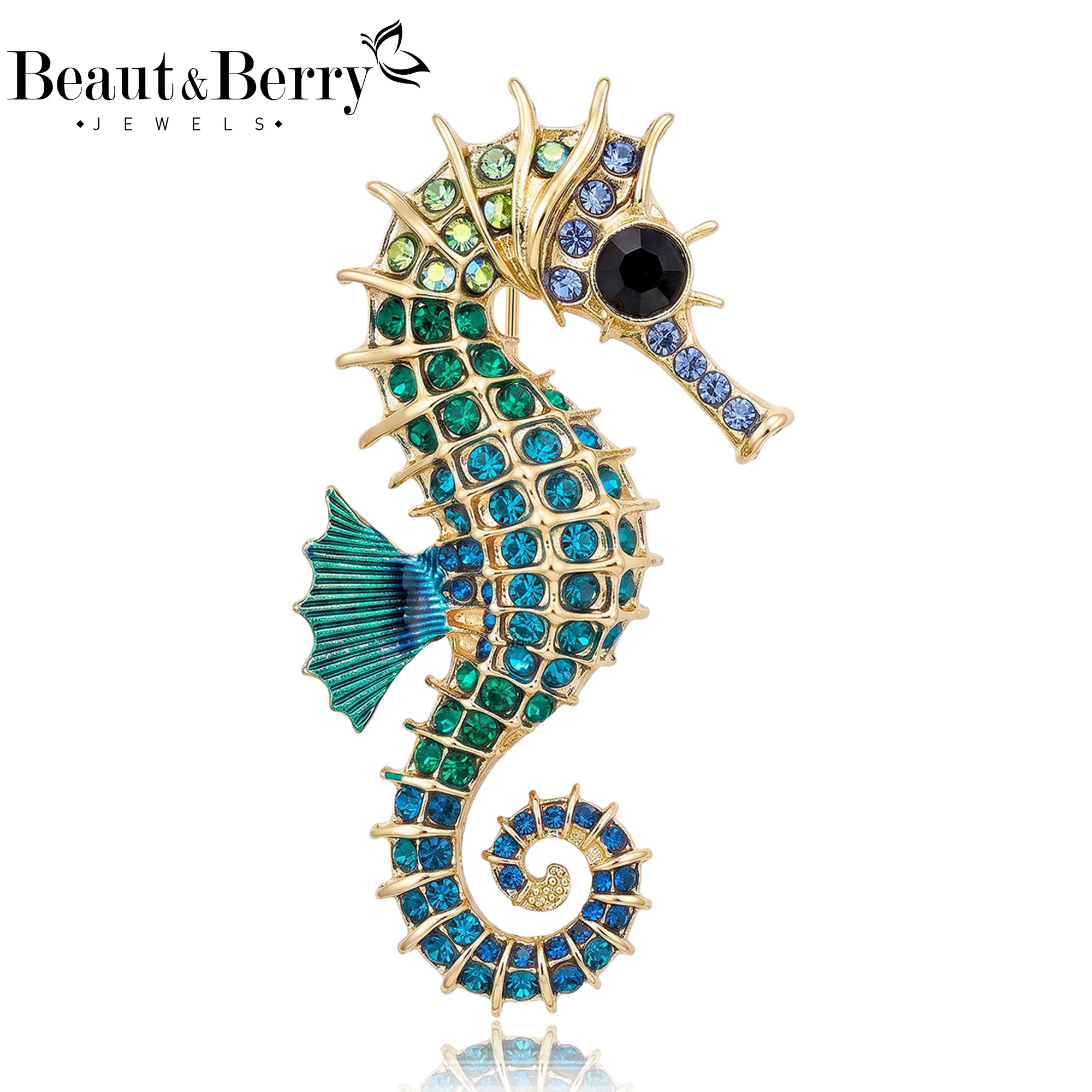 Beaut&Berry Classic Rhinestone Seahorse Brooches for Women Unisex Marine Life Pins Casual Party Jewelry Accessories Gifts