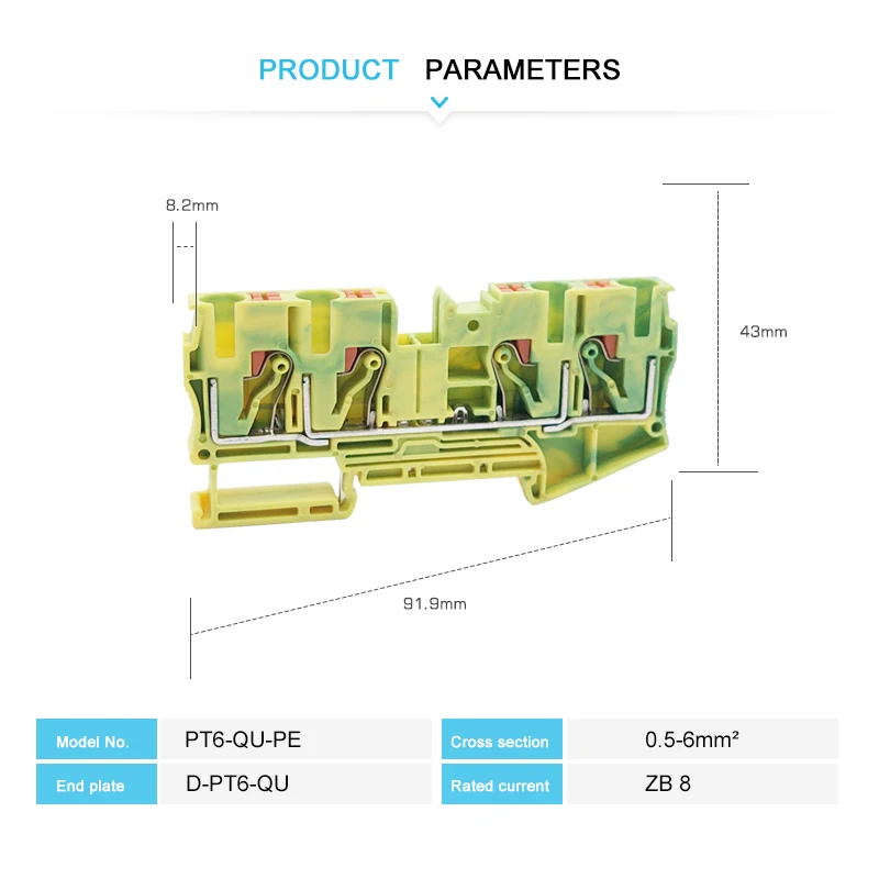 PT6-QU-PE Grounding Terminal Block on Din Rail Earth Ground Electrical 6mm Yellow/Green Wires Connector PT 6-Quattro-PE