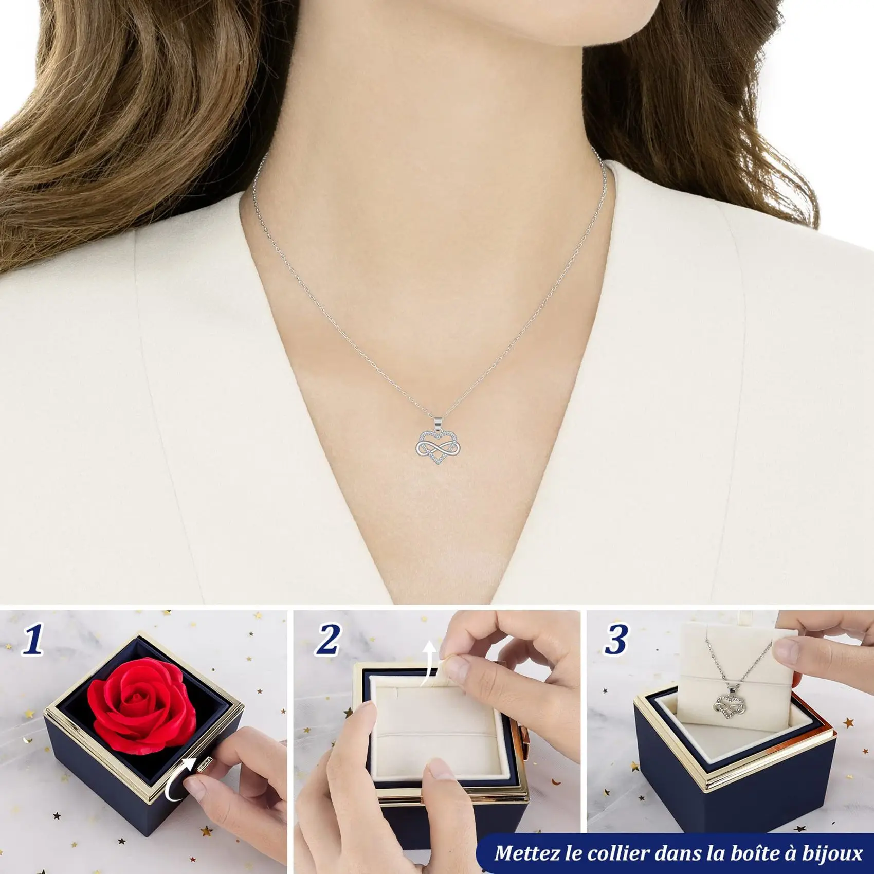 صندوق قلادة مجوهرات دوار على شكل زهور الورد الأبدية هدية عيد الحب للزوجة والصديقة إلى الذكرى السنوية لحفلات الزفاف أ