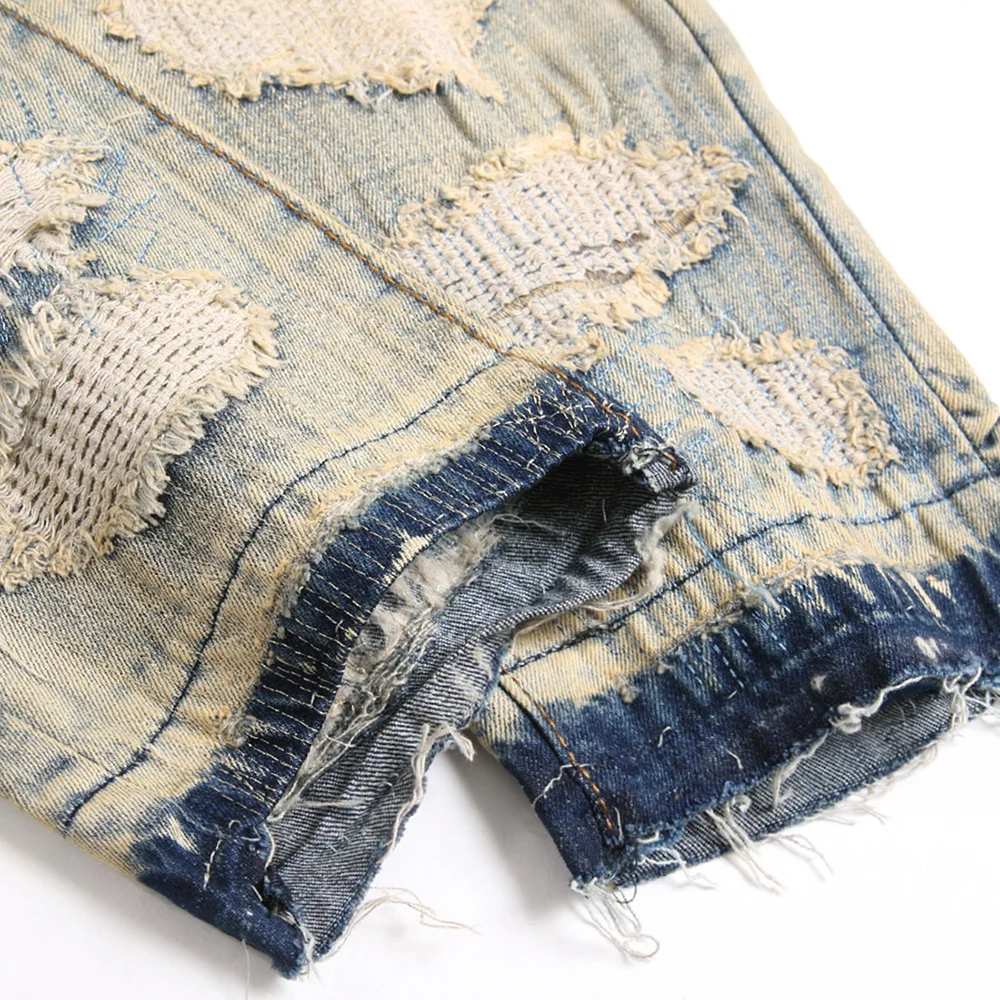 Men Holes Ripped Patchwork Denim Jeans Vintage Blue Distressed Patches Pants Slim Straight Trousers