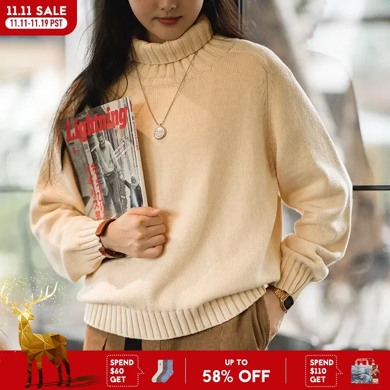 

MADEN Женский свитер с высоким воротником 2024 осенне-зимний сезон утолщенный теплый вязаный свитер с текстурой колосьев бежевый свитер с вытяжкой для надевания на голову верхняя одежда