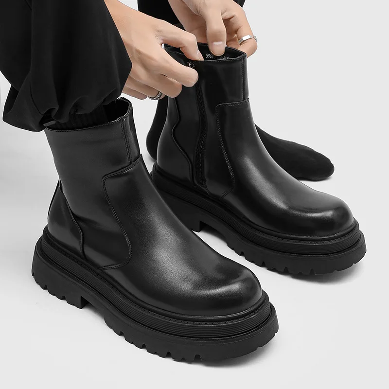 large size mens casual high chelsea boots slip-on original leather shoes cowboy platform boot autumn winter motorcycle botas man