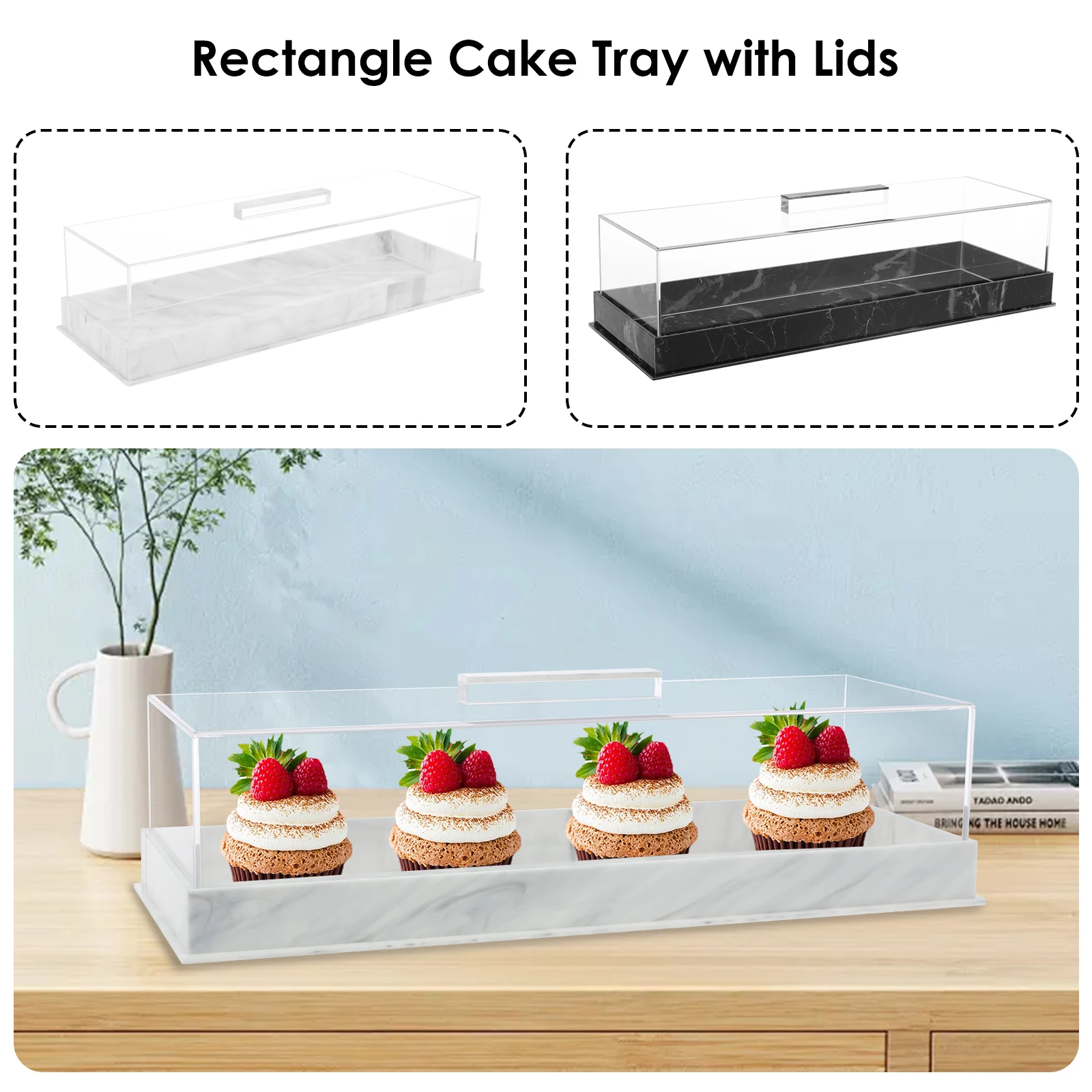 

Acrylic Cupcake Stand Rectangular Cake Tray Transparent Collectible Display Stand with Lid Marbleized Cakes Bakery Display Case