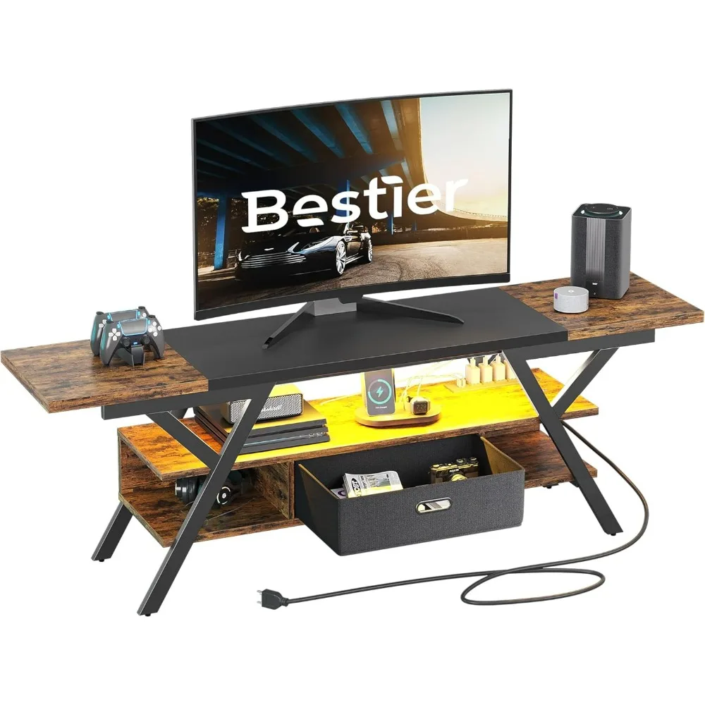 70 Inch Gaming TV Stands with Power Outlet for 70/75/80 inch TV, LED Entertainment Center with Storage Fabric Drawers for PS5