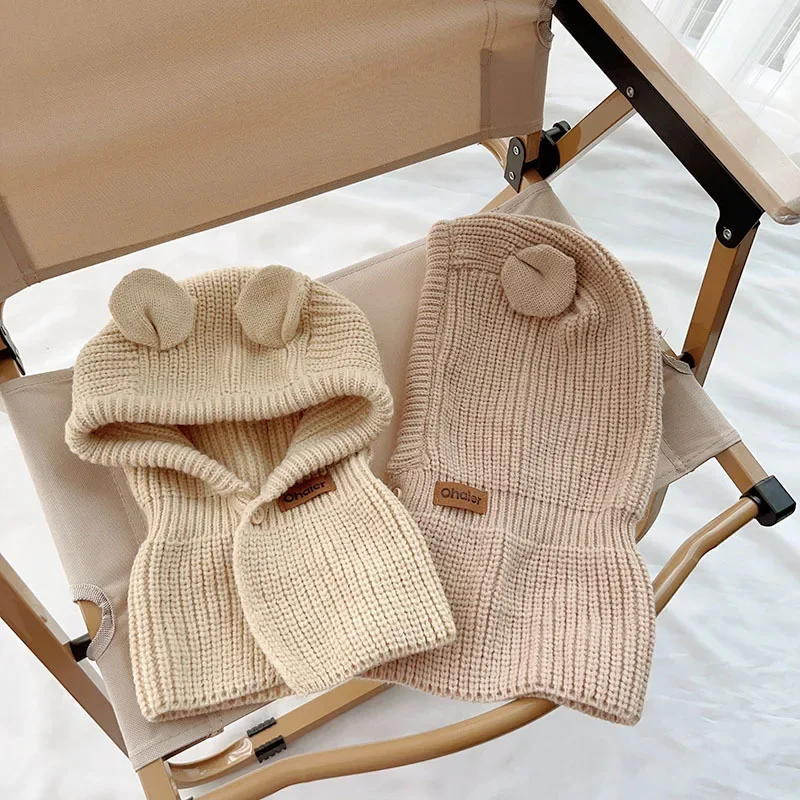 Korean Style Solid Color Children\'s One-Piece Hat Sleeve Cap Baby Autumn and Winter Earflaps Warm Knitted Hat Tide