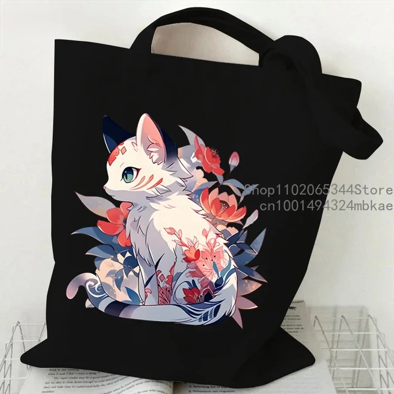 Borse tote in tela Borsa a tracolla da donna con gatti acquerello Borsa per la spesa di design con gattini a fiori carini Borsa per animali in stile