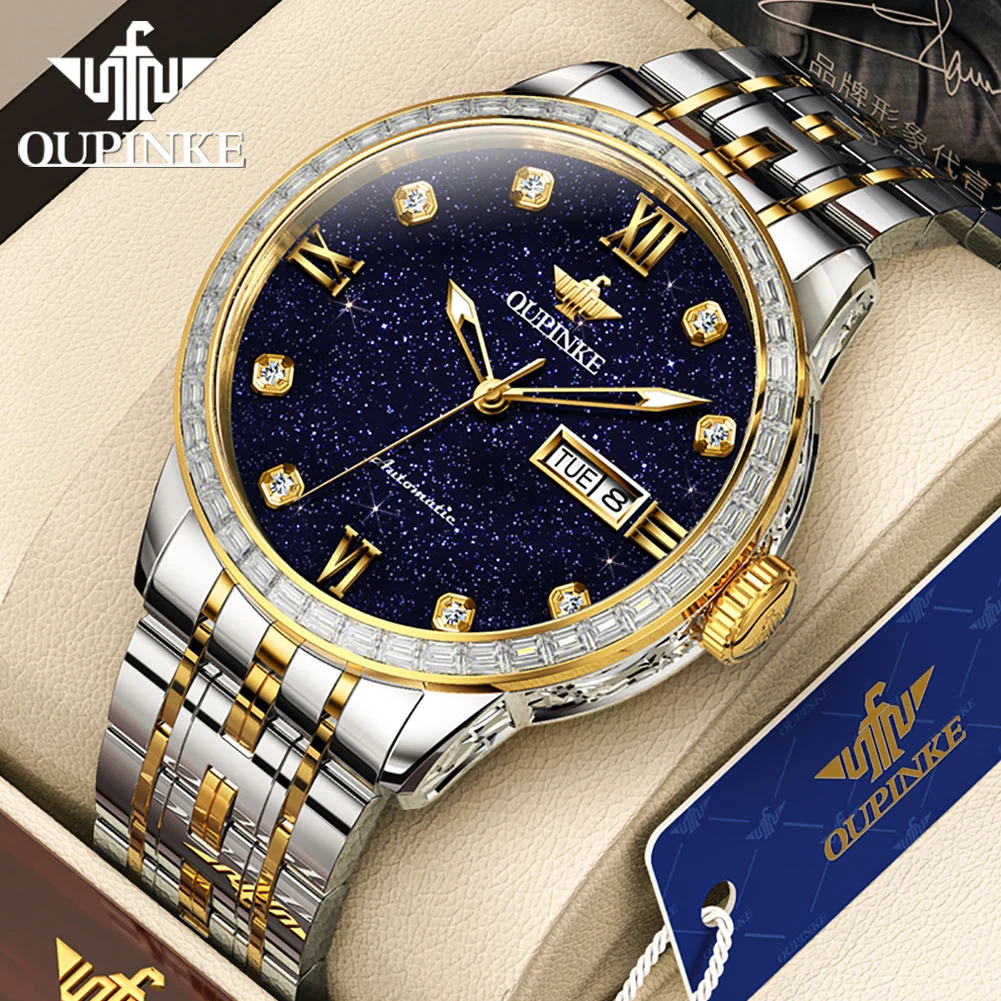 

﻿ OUPINKE 3241 Мужские часы Автоматические механические часы ﻿ Водонепроницаемые часы со звездным циферблатом 50 м для мужчин, часы с двойным календарем, оригинальная коробка
