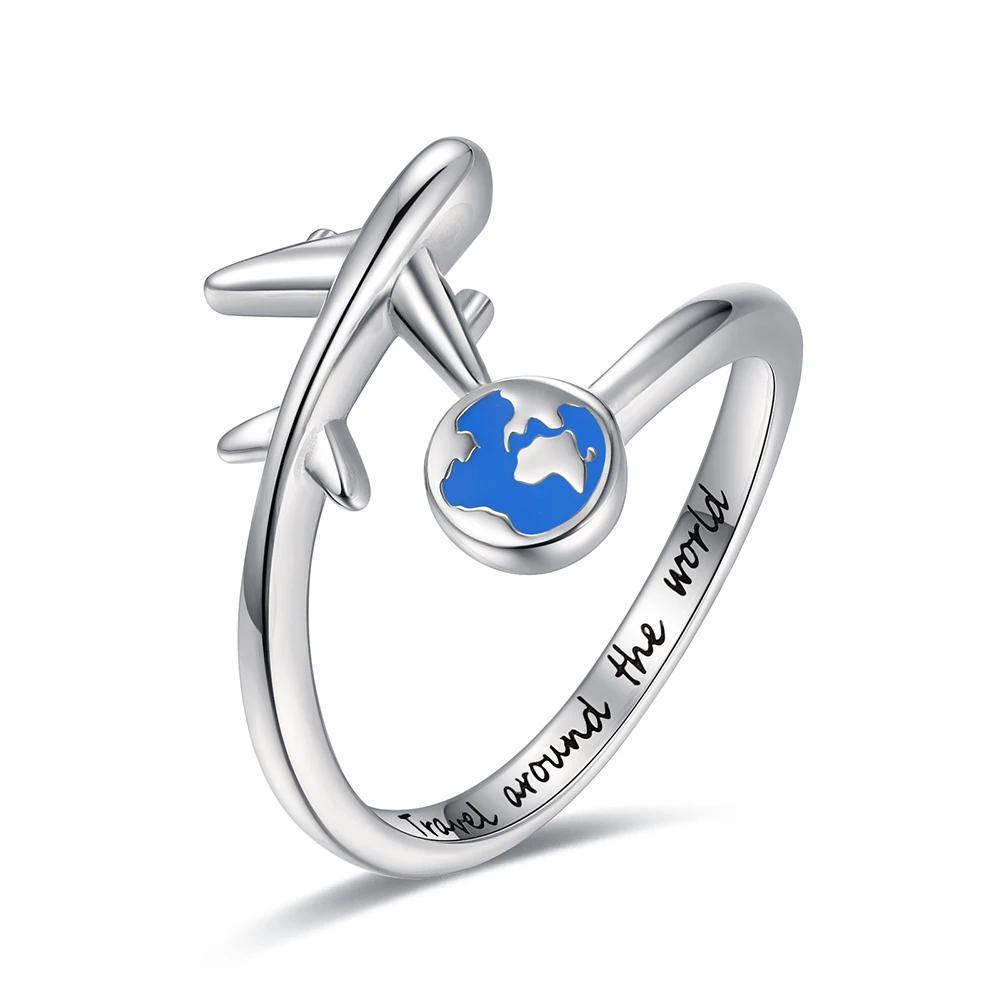 925-Sterling-Silver Adjustable Open Airplane Rings Engraved "Travel Around the Word"Engagement Ring Gifts for Women Teen Girls