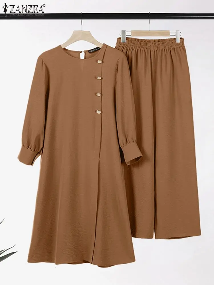ZANZEA Muslim Abaya Suit Elegant Women Matching Sets Fashion Long Shirt Tops & Wide Leg Pants Ramadan Outfits Urban Tracksuits