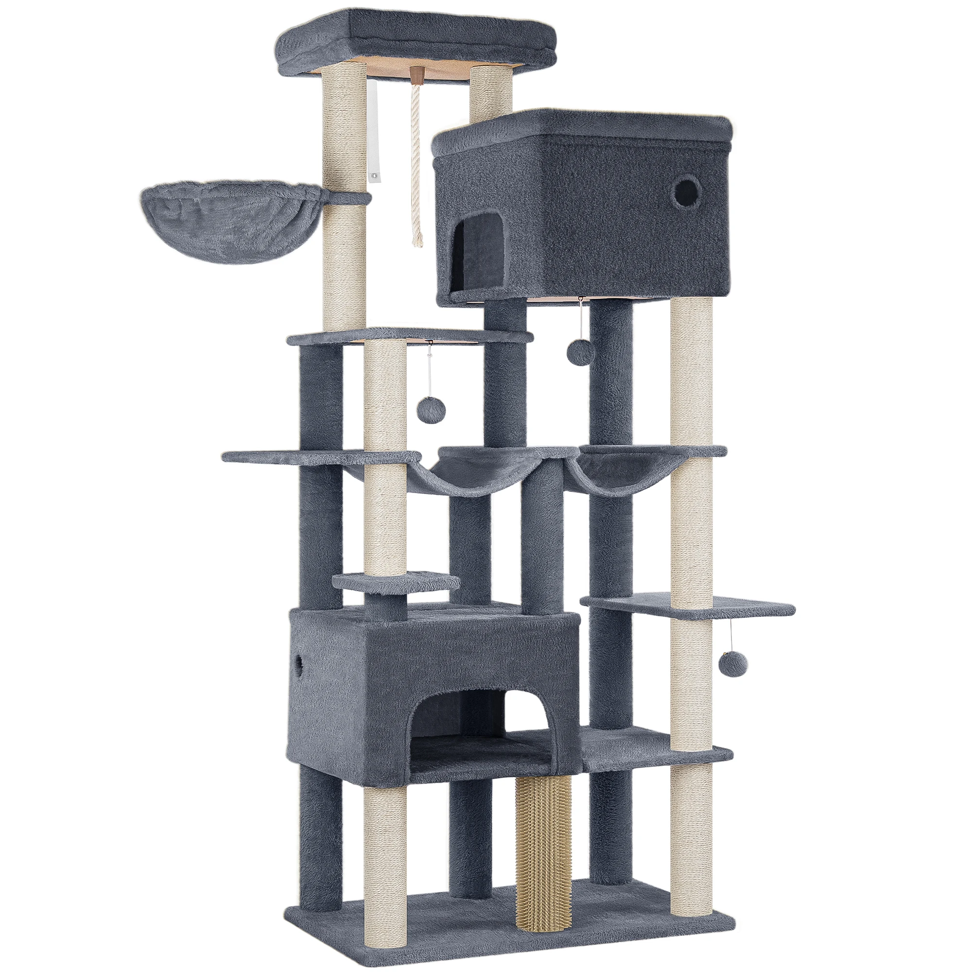 Krabpaal 200 cm XXL met 10 krabpalen, 2 holletjes, 2 hangmatten, groot platform, kattenborstels, mandje