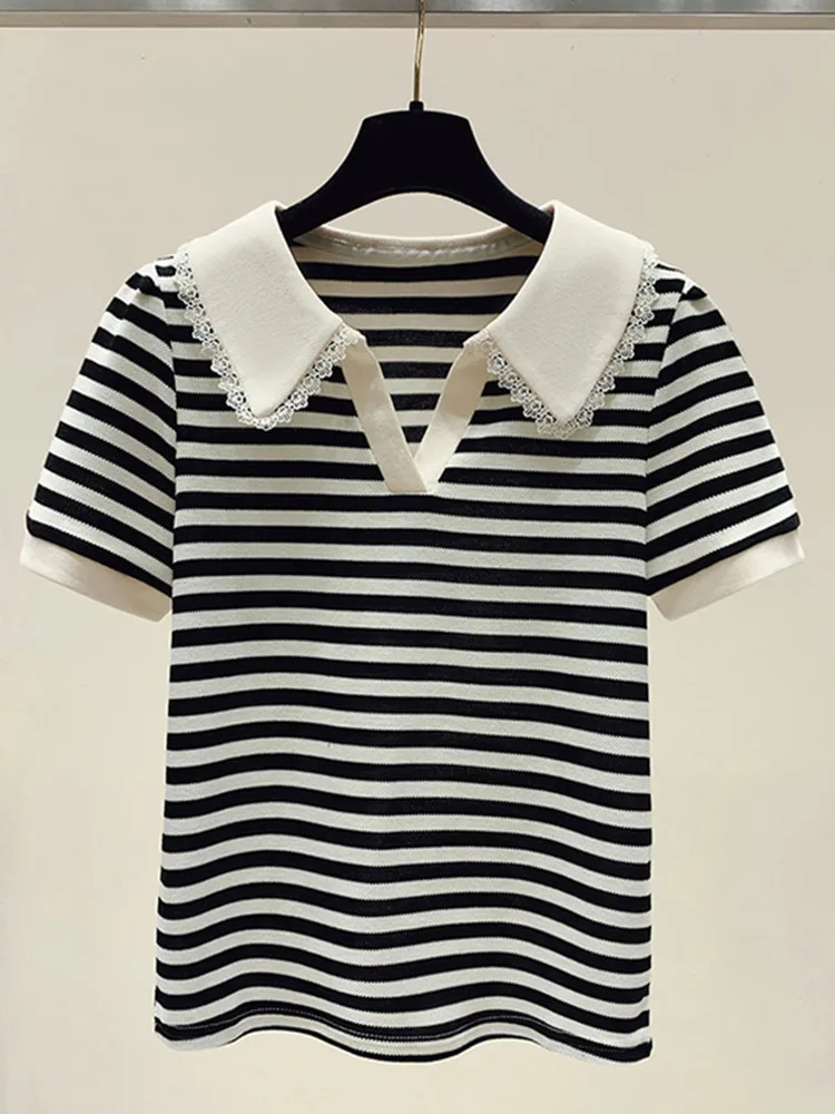 Striped Turn-down Collar T-shirt Women\'s 2024 Summer New V-neck Short Sleeved Loose Fashion Pure Cotton Versatile Short Top