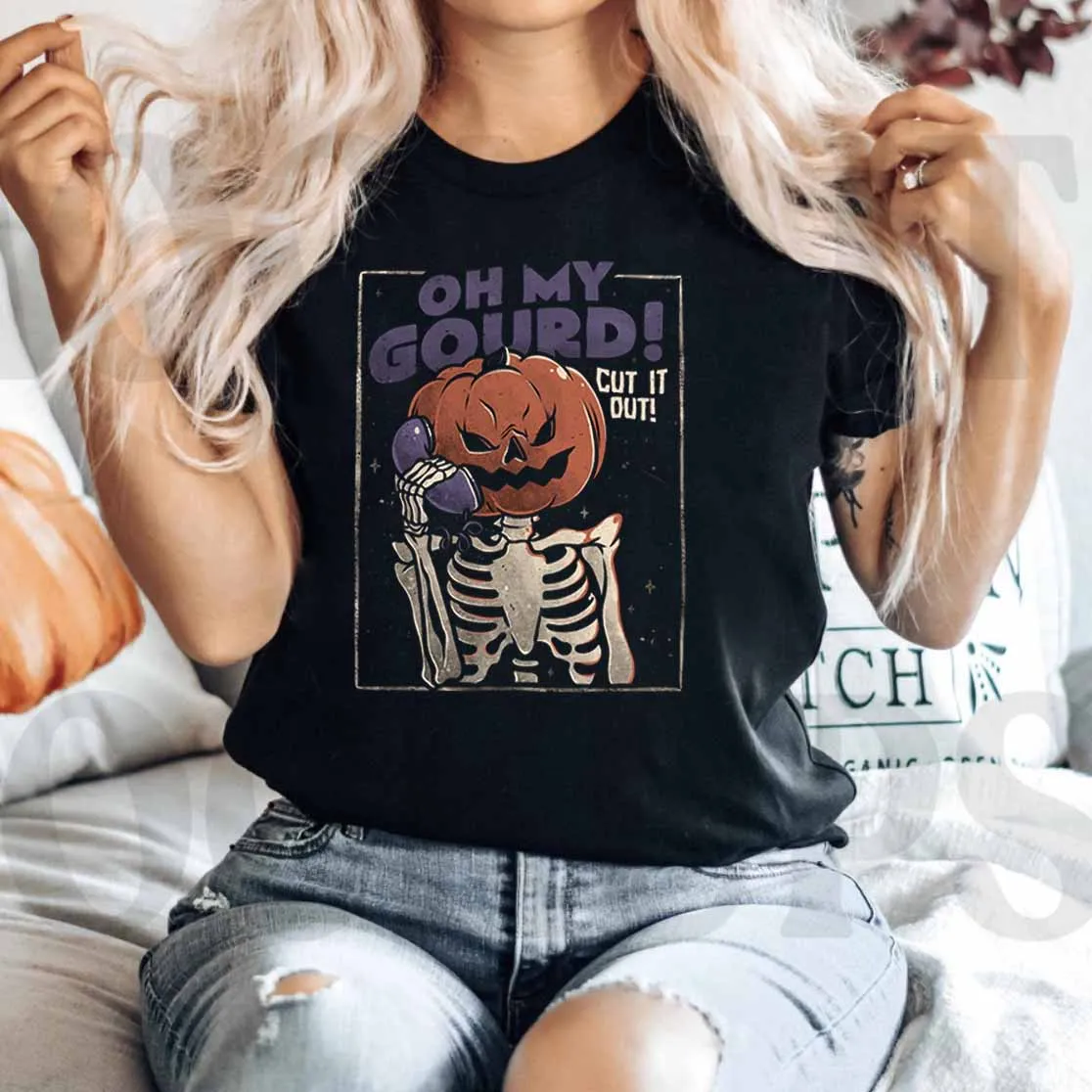 Clothing Halloween Cute 90s Casual Women's Fun Pumpkin Skull Print Cartoon Pattern Black T-shirt Fashion Short Sleeve Casual T-s