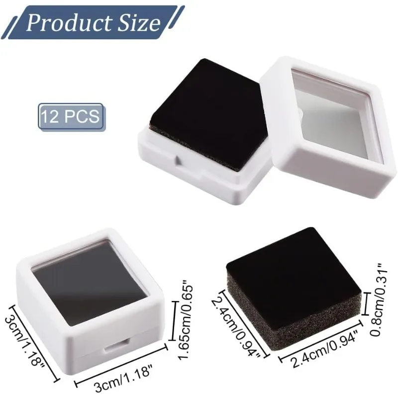 12 Pcs Gemstone Display Box, 1.18x1.18x0.64 White Plastic Square Jewelry Display Container Diamond Storage Box with Clear Glass