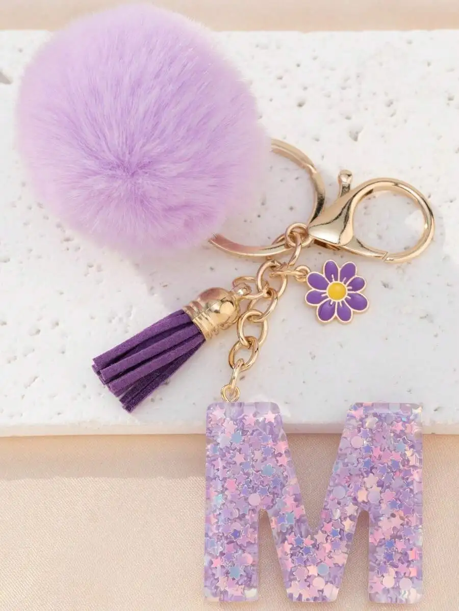 Resin Letter Keychain With Pom Pom Tassel Flower Charm