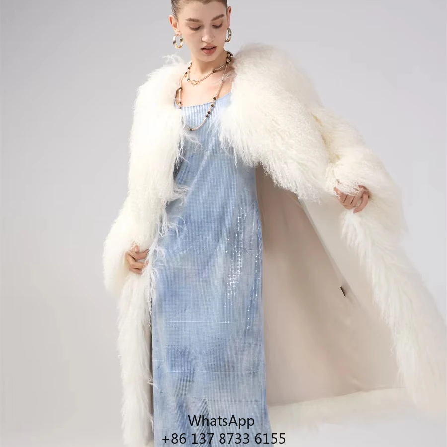 

105 Cm Length Streetwear Women's Regular Sleeve Solid Full Pelt Sheep Wool Coats Big Fluffy Furry Collar Mongolian Fur Coat