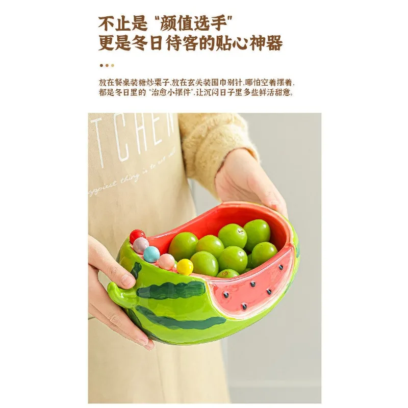 Creative high-value watermelon ceramic fruit plate, household living room cute fruit fork stainless steel set