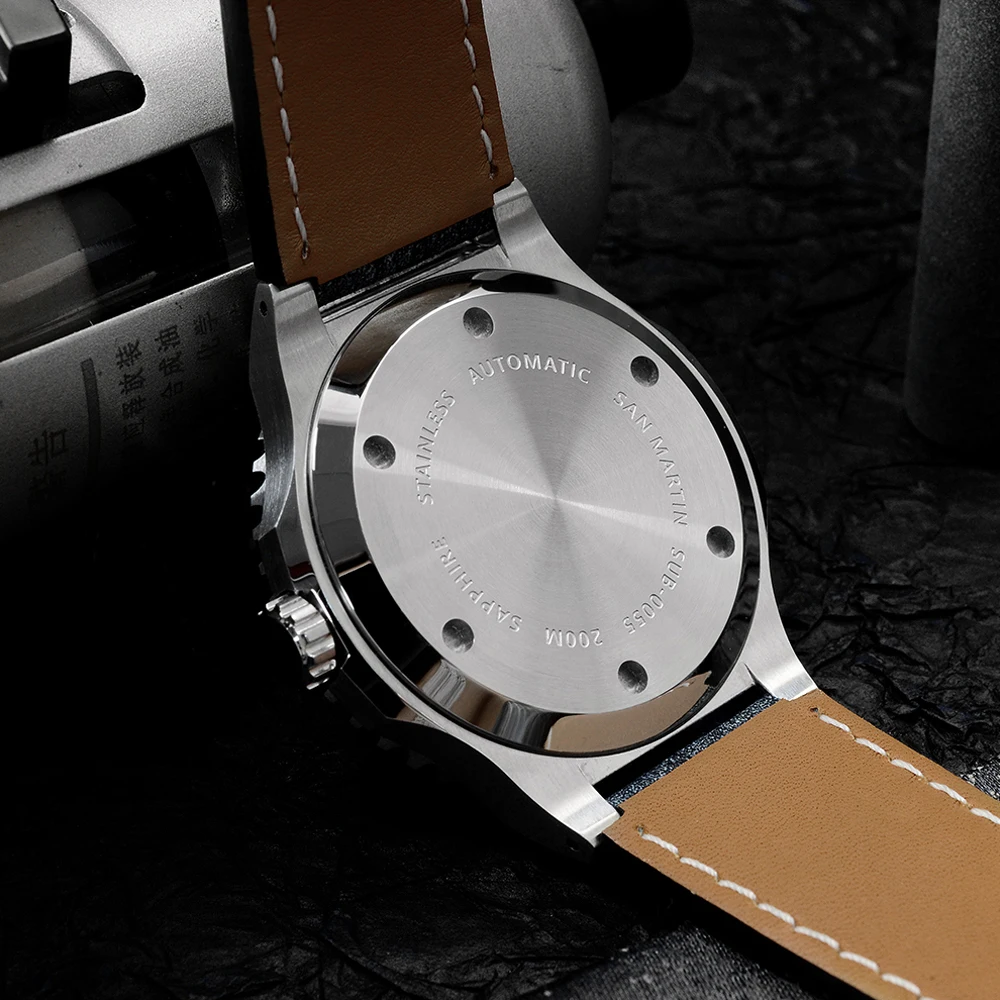2025 San Martin 42mm Homens Luxo Mergulhador Relógio PT5000 Automático Mecânico Safira Aço Inoxidável 20Bar Relógio de Pulso de Couro SN0055