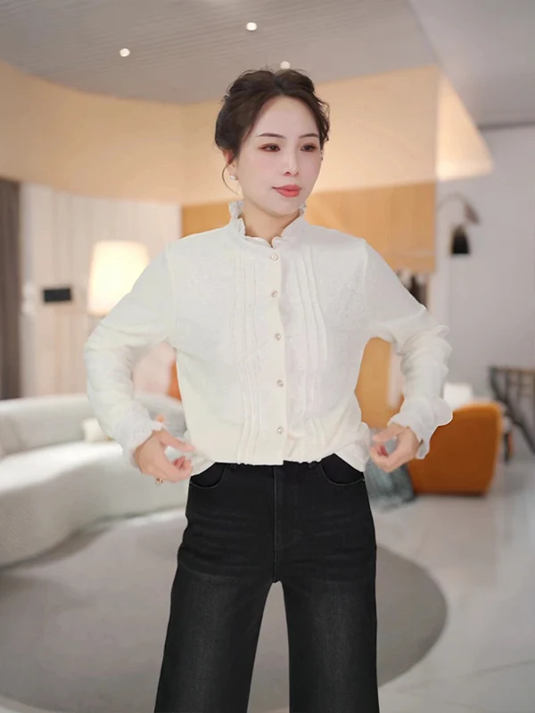 

Chenana Gentle Ruffle Collar Long Sve Women's irt Casual Sle Base Layer Top Breathable Thin Polyester Fabric for Autum...