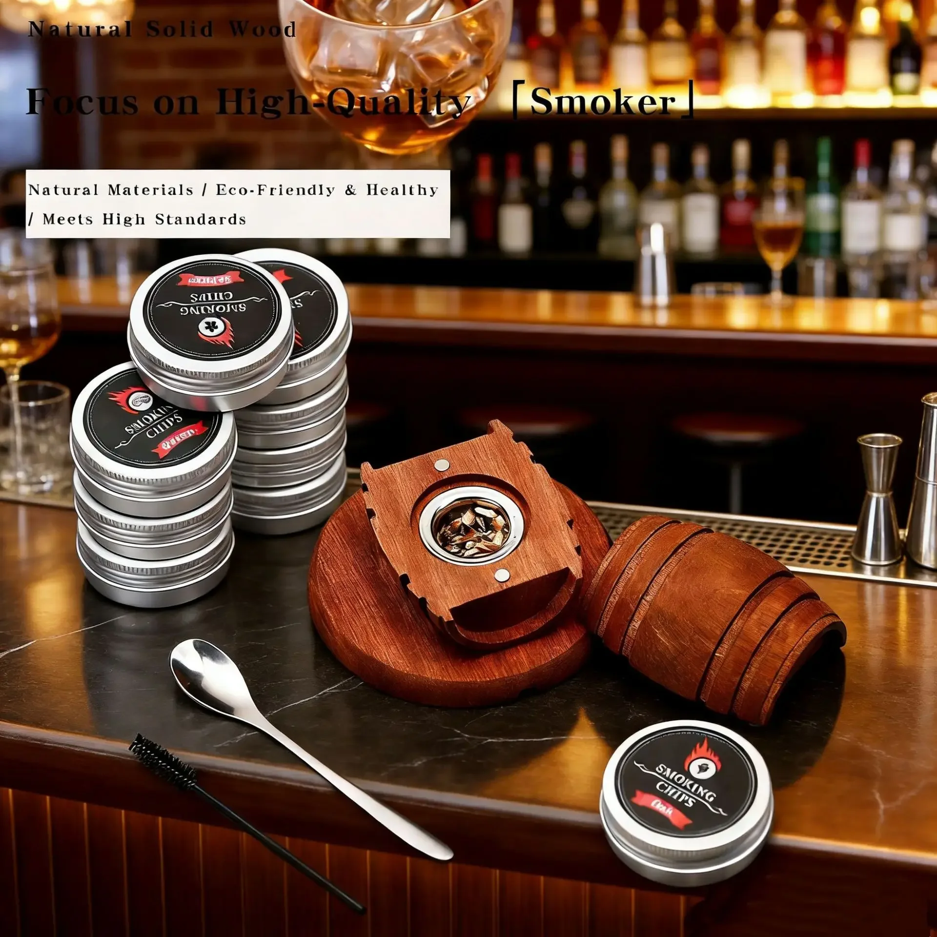 Kit de fumage pour whisky au design classique avec 4 saveurs de copeaux de bois pour cocktails Old Fashioned, décoration de bar à domicile et utilisation pour les fêtes