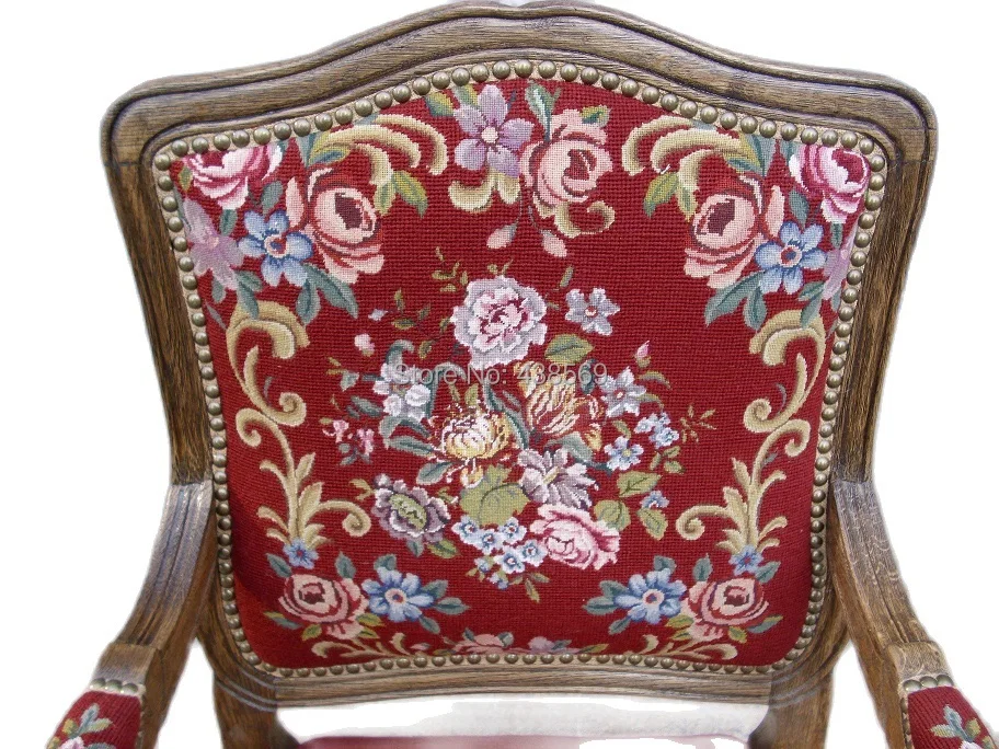 Free shipping  Antique Arm Chair Fauteuil Louis XV style Gobelin Tapestry Carved Wood Hobnails with needlepoint covers