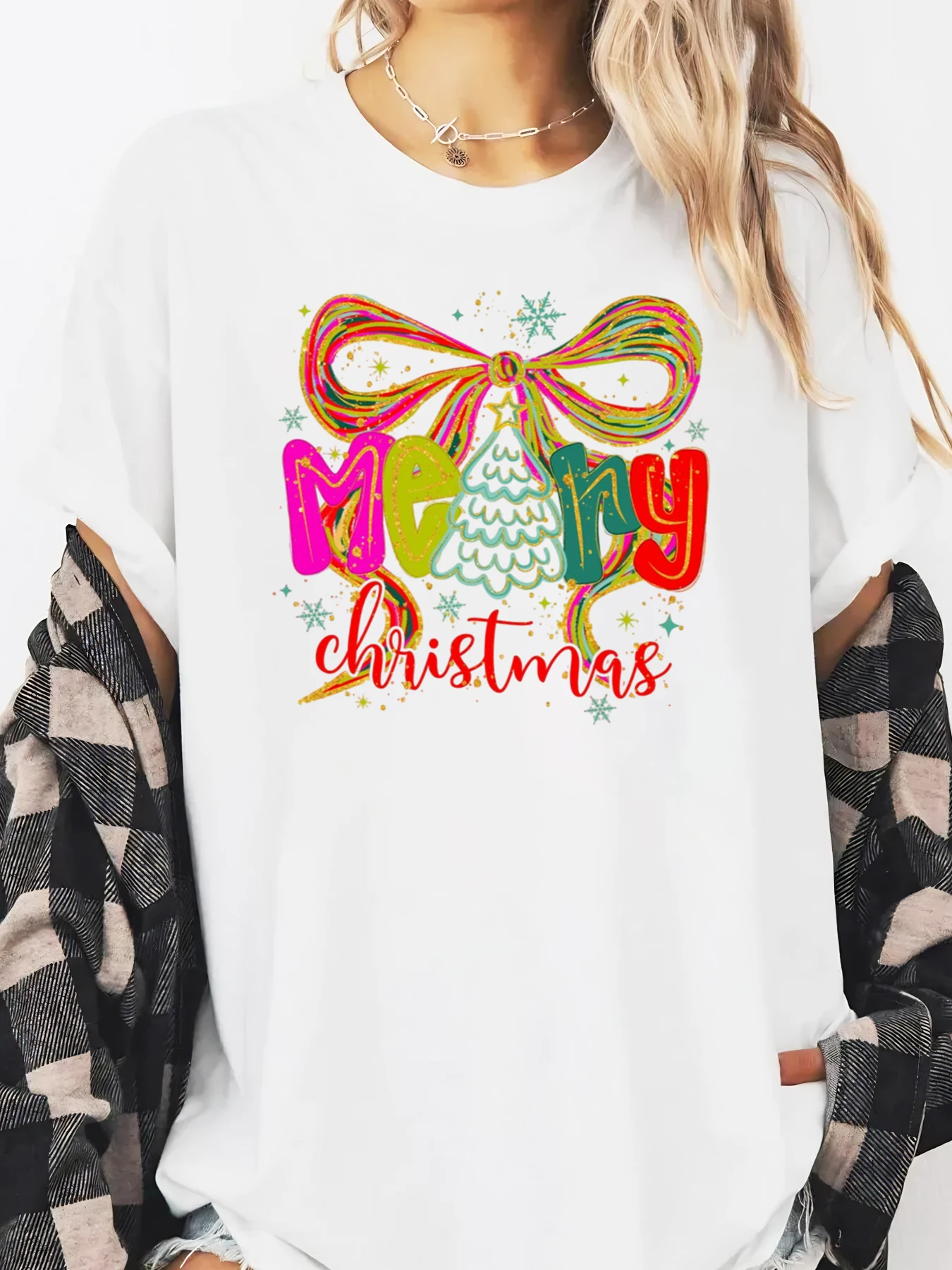 عيد ميلاد سعيد القوس شجرة طباعة عطلة تي شيرت المرأة لباس غير رسمي حفلة احتفالية الأبيض حجم كبير