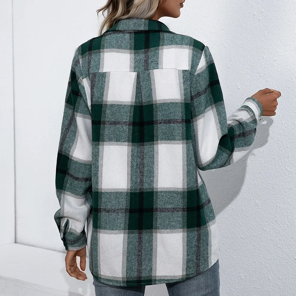 2025 Spring Autumn Women Coats Casual Loose Vingage Long Sleeve Shirts Turn-down Collar Single Breasted Outerwear Plaid Jackets