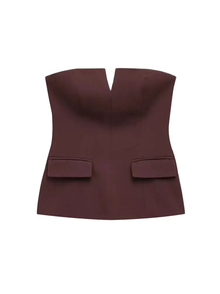 Top de negocios sin tirantes para Mujer, camisola de moda con escote en V y hombros descubiertos con cremallera lateral, camisola Sexy para Mujer