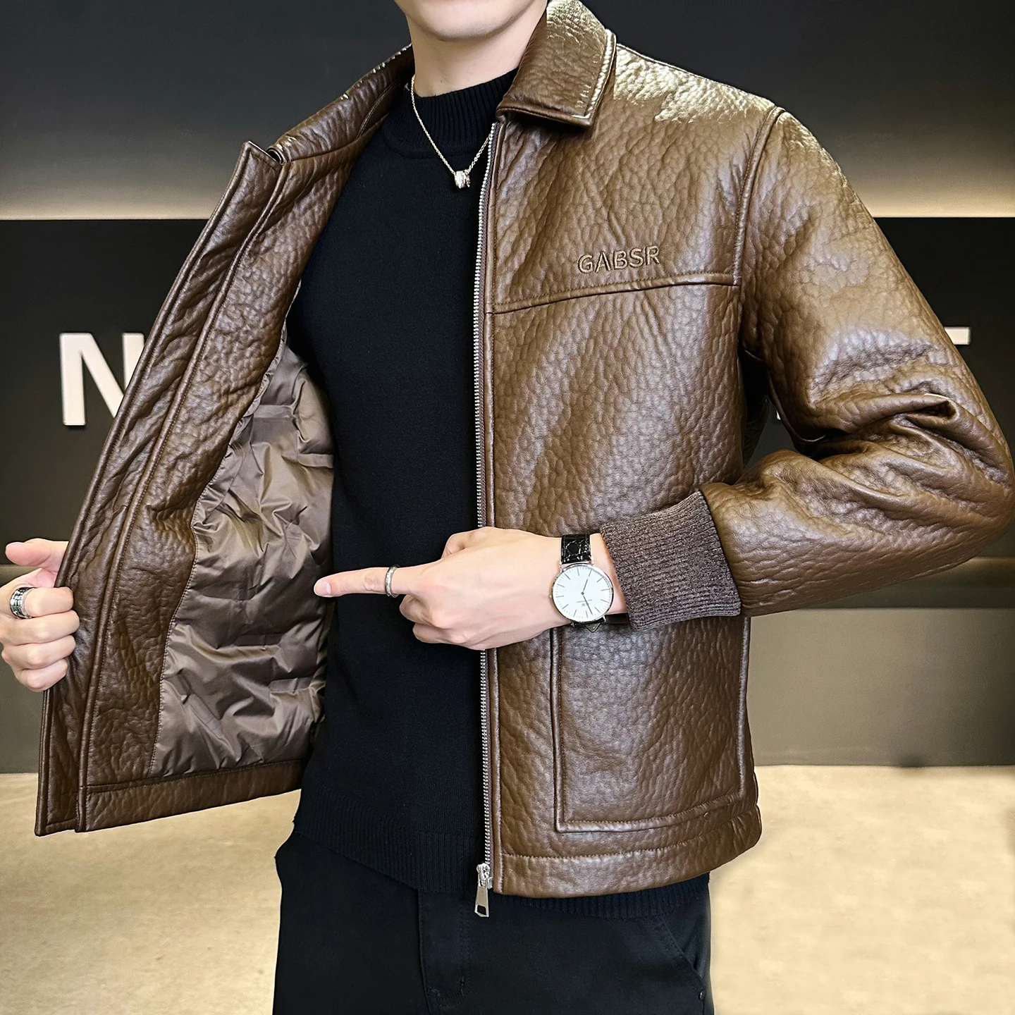 

Casual Winter Men's PU Leather Duck Down Jackets High Streetwear Windproof Top Puffer Coats Outdoor Warm Padded Parkas Clothing