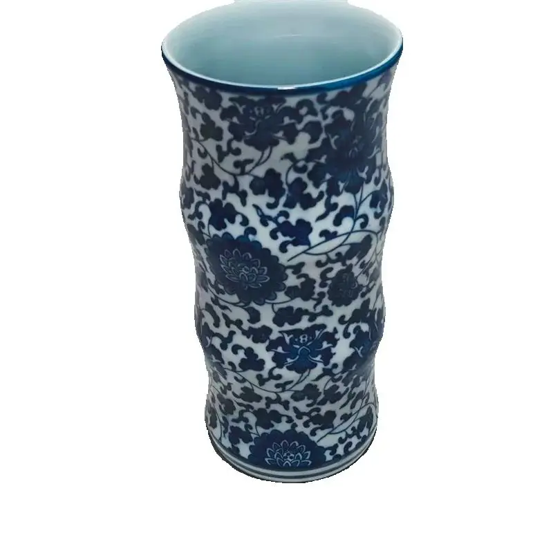 Florero redondo chino de porcelana blanca y azul antiguo con diseño de onda de loto enredado, adorno decorativo tradicional asiático para el suelo